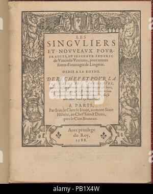 Les Singuliers et Nouveaux Portraicts... Teil I Titel Seite (recto). Binder: Chambolle-Duru (Französisch, 19. Jahrhundert). Designer: Federico de Vinciolo (Italienisch, aktive Paris, Ca. 1587-99). Abmessungen: Insgesamt: 8 1/16 x 6 5/16 in. (20,5 x 16 cm). Herausgeber: Jean Le Clerc, Paris. Sitter: Frontispiz Porträt von Henri III., König von Frankreich und Polen (1551-1589); Portrait von Louise de Lorraine-Vaudemont (Französisch, Nomény 1553-1601 Moulins), Königin von Frankreich. Datum: 1588. Durch Federic de Vinciolo, von Jean Le Clerc, Paris, durch Chambolle-Duru, Französisch, 19. Jahrhundert gebunden veröffentlicht. Titel gedruckt in b Stockfoto