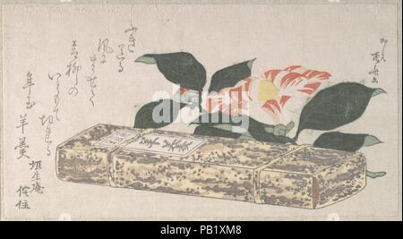 Camellia Blume und Yokan (eine Art der Bean jelly) in Bambus Haut gewickelt. Artist: Ryuryukyo Shinsai (Japanisch, aktive Ca. 1799-1823). Kultur: Japan. Abmessungen: 4 1/6 x 7 7/16 in. (10,6 x 18,9 cm). Datum: 1811. Museum: Metropolitan Museum of Art, New York, USA. Stockfoto