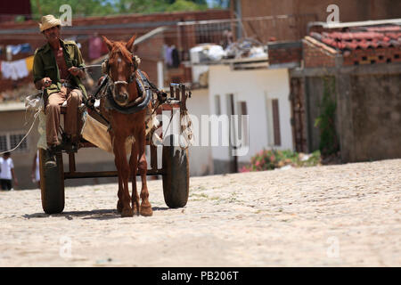 Mann auf seinem Pferd und Wagen durch die Stadt Trinidad, Kuba Stockfoto