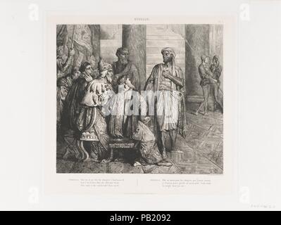 Er lov würde mich für die Gefahren hatte ich pass': Platte 3 von Othello (Akt 1, Szene 3). Künstler: Théodore Chassériau (Französisch, Le Limon, Saint-Domingue, West Indies 1819-1856 Paris). Abmessungen: Platte: 13 11/16 x 14 5/16 in. (34,8 x 36,4 cm) Bild: 11 x 12 cm. (27,9 x 30,8 cm). Serie/Portfolio: Suite von 15 Drucke: Shakespeare's Othello/Quinze Esquisses à l'eau-forte et gravées dessinées par Théodore Chasseriau. Betrifft: William Shakespeare (Britisch, Stratford-upon-Avon 1564-1616 Stratford-upon-Avon). Datum: geätzt 1844, Nachgedruckt 1900. 1844 Eugène Piot beauftragt, die jungen Chasséri Stockfoto