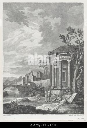 Landschaft mit Tempel. Artist: nach Charles Louis Clérisseau (Französisch, Paris 1721-1820 Auteuil). Künstler und Verleger: Joseph Wagner (Italienisch, Thalendorf 1706-1780 Venedig). Abmessungen: Blatt (getrimmte): 14 3/16 x 9 3/4 in. (36 × 24,8 cm). Erschienen in: Venedig. Datum: Ca. 1750-70. Museum: Metropolitan Museum of Art, New York, USA. Stockfoto