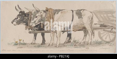 Zwei Ochsen ziehen eine Karre. Artist: Peter Christian Thamsen Skovgaard (Dänisch, Ringsted Kopenhagen 1817-1875). Maße: Blatt: 5 11/16 x 12 5/8 in. (14,5 × 32 cm). Datum: 1874. Museum: Metropolitan Museum of Art, New York, USA. Stockfoto