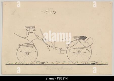 Design für Vis-à-vis/Barouche, nein. 353. Abmessungen: 5 7/8 x 8 7/8 in. (14,9 x 22,5 cm). Hersteller: Brewster & Co (American, New York). Datum: 1850-1870. Brewster & Unternehmen Geschichte Gegründet 1810 von James Brewster (1788-1866) in New Haven, Connecticut, Brewster&Company, bei der Herstellung von feinen Wagen spezialisiert. Der Gründer eröffnet Showroom in New York 1827 am 53-54 Broad Street, und das Unternehmen unter Generationen der Familie Führung blühte. Expansion erforderte bewegt sich rund um Manhattan, mit Namen Änderungen betreffen, die die Schichten von Management - James Brewster & Söhne betreiben Stockfoto