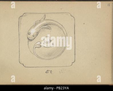 Design für eine Klingeltaster mit einem Fisch Motiv. Artist: Edgar Gilstrap Simpson (British, 1867-1945 (angenommenen)). Maße: Blatt: 3 1/2 x 5 in. (8,9 x 12,7 cm). Datum: 1899. Design für eine Klingeltaster, durch eine schlanke Fisch geprägt, um die mittlere Taste, sein Schwanz locken nach innen. Die Verzierung ist auf eine quadratische Platte gelegt. Museum: Metropolitan Museum of Art, New York, USA. Stockfoto