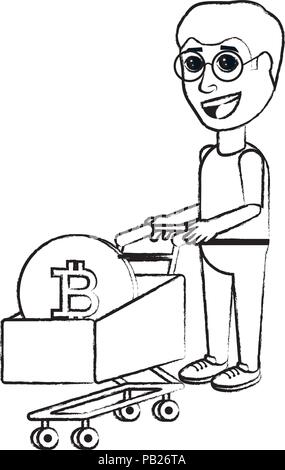 Cartoon Mann mit Einkaufswagen mit bitcoin Münze auf weißem Hintergrund, Vector Illustration Stock Vektor