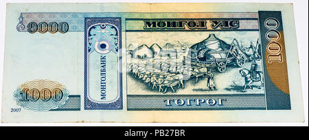 VELIKIE LUKI, Russland - Juli 30, 2015: 1000 togrog Bank Note. Togrog ist die nationale Währung der Mongolei Stockfoto