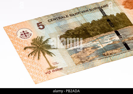 5 Suriname Dollar Bank Note. Suriname Dollar ist die Landeswährung von Suriname Stockfoto
