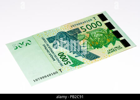 5000 CFA-Franc Bank Note. CFA-Franc ist in 14 afrikanischen Ländern verwendet. Stockfoto