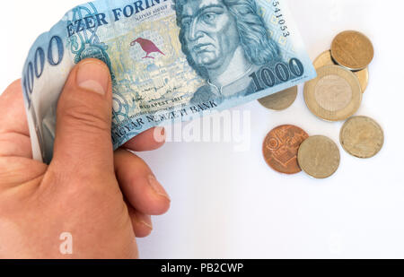 Tausend ungarische Gulden Banknote mit einige Münzen Stockfoto