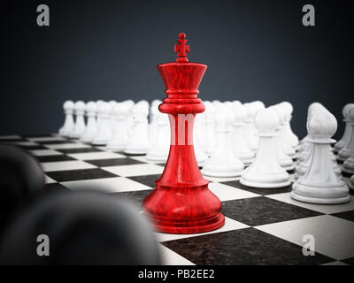 Rot chess König steht zwischen Weißen und Schwarzen Schachfiguren. 3D-Darstellung. Stockfoto