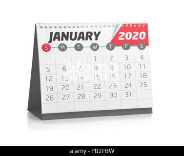 Januar weiß Office Kalender 2020 isoliert auf weißem Stockfoto