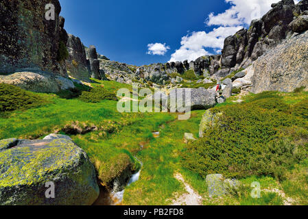 Touristische stehend auf einem Granitfelsen in einem Berggebiet von Granit pics und grüne Vegetation umgeben Stockfoto