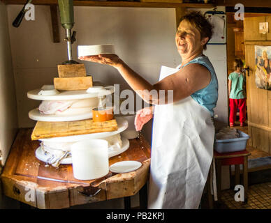 Alp Dairy, Lenk, Schweiz. Franziska Zurbrügg bei der Käseherstellung auf der Pöris Alp Stockfoto