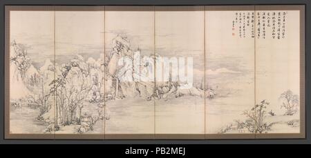 Biwa See in vier Jahreszeiten. Artist: Nukina Kaioku (Japanisch, 1778-1863). Kultur: Japan. Abmessungen: Bild: 24 9/16 x 60 5/8 in. (62,4 × 154 cm) Insgesamt mit Montage: 67 1/2 x 25 3/8 in. (171,4 × 64,5 cm). Datum: 1834. Biwa See, dem größten inländischen Gewässer in Japan und eine berühmte szenische Locale, befindet sich in einem Panoramablick erstreckt sich über die vier Jahreszeiten gefangengenommen. Beginnend auf der rechten Seite des rechten Bildschirms, Gräser und angehende Blumen inmitten immergrüner Pinien vorschlagen, Feder, während üppigen Weiden am Ufer im Sommer eine Stimmung vermitteln. Der linke Bildschirm - folgenden chinesischen Landschaft Traditionen statt. Stockfoto