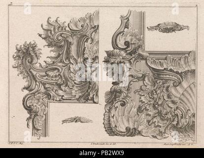 Anregungen für die Dekoration von Frames, Platte 3 von 'Au? zierungen zu Thüren u. Fenster sehr nutzlich zu gebrauchen.". Artist: Nach Jeremias Wachsmuth (Deutsch, 1712-1771). Abmessungen: Insgesamt: 8 7/16 x 13 3/4 in. (21,5 × 35 cm). Engraver: Johann Sebastian Müller (Deutsch, Nürnberg 1715-1785 London). Herausgeber: Martin Engelbrecht (Deutsch, Augsburg 1684-1756 Augsburg). Datum: gedruckt werden kann. 1750-56. Ornament drucken mit zwei Designs für die Dekorationen der Frames: Links oben auf einem rechteckigen Rahmen; rechts unten ein Fenster oder ein Spiegel Rahmen. Dieser Druck wird in einem Album gebunden enthalten Stockfoto