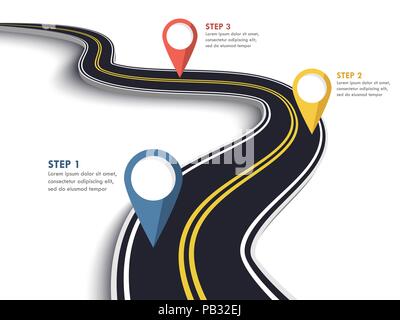 Kurvenreiche Straße auf einem weißen Hintergrund isoliert. Straße Ort Infografik Vorlage mit Pin Pointer. Vector EPS 10. Stock Vektor