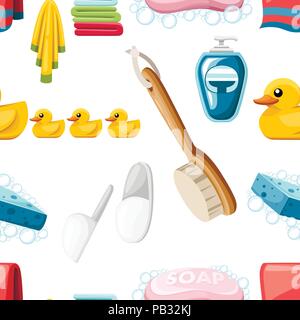 Nahtlose Muster. Badewanne und Dusche Icon Set. Rosa Seife, Handtücher, Enten und Handtücher. Bunte Symbole. Flache Vector Illustration auf weißen backgr isoliert Stock Vektor