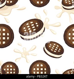 Nahtlose Muster. Sandwich Cookies. Cookies Schokolade mit Vanille Creme fließen. Cracker drop in Milch spritzen. Essen und Süßigkeiten, Backen und Kochen. Stock Vektor