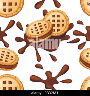 Nahtlose Muster. Sandwich Cookies. Cookies Schokolade mit choco Creme fließen. Cracker drop in Schokolade Splash. Essen und Süßigkeiten, Backen und Kochen die Stock Vektor