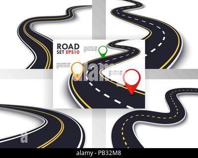 Kurvenreiche Straße eingestellt. Reise und Reise Route. Business und Reise Infografik Design Template mit Pin Pointer. Kurvenreiche Straße. Vector EPS 10. Stock Vektor