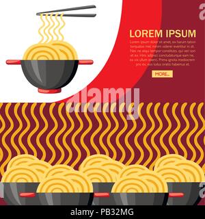 Schüssel mit Ramen Nudeln. Asiatische Küche. Schwarze Schale mit Griff rot. Große Gruppe von Schalen mit Nudeln. Flache Vector Illustration auf strukturierten Hintergrund. Con Stock Vektor