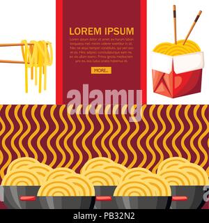 Red Box mit Ramen Nudeln. Asiatische Küche. Schwarze Schale mit Griff rot. Große Gruppe von Schalen mit Nudeln. Flache Vector Illustration auf strukturierten Hintergrund. Stock Vektor