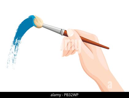 Hand mit Pinsel. Pinsel malen auf Weiß. Blaue Farbe. Vektor flachbild Abbildung auf weißem Hintergrund. Stock Vektor