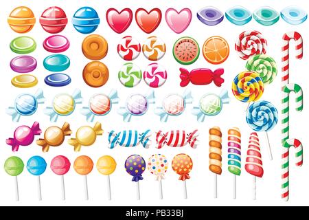 Süßigkeiten. Große Sammlung von verschiedenen Cartoon Stil Süßigkeiten. Verpackt und nicht Lutscher, Zuckerrohr, Süßigkeiten. Cute glänzend Süßigkeiten. Flache bunte Symbole. Stock Vektor