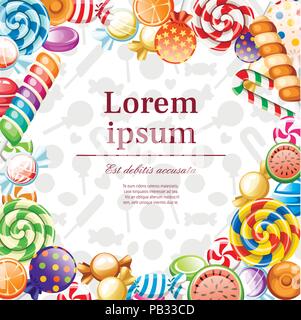 Bonbons Muster. Große Sammlung von Cartoon Stil Süßigkeiten. Verpackt und nicht Lutscher, Zuckerrohr, Süßigkeiten. Cute glänzend Süßigkeiten. Vector Illustration auf Text Stock Vektor