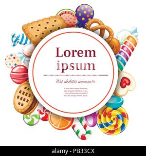 Süßigkeiten und Kekse. Runde card Design. Konzept für Karte und Werbung. Verpackt und nicht Lutscher, Zuckerrohr. Vector Illustration auf weißen backgr Stock Vektor