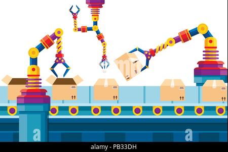 Die industrielle Automation. Robotic Arm-Technologie in der Fertigung. Automatisierte Roboterarmen. Robotic Förderband für die Verpackung von Produkten im Karton Stock Vektor
