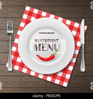 Restaurant Menü vordere Banner mit Teller und Besteck auf die Serviette gesetzt. realistische Restaurant Menü Hintergrund Werbung Plakat Vector Illustration Stock Vektor