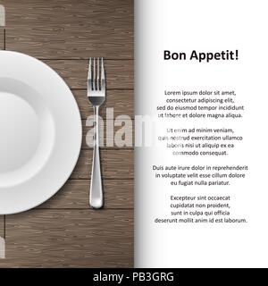 Restaurant Menü poster Design. Besteck shop banner Vorlage mit Gabel und Platte auf Holz- Hintergrund. Vector Illustration Stock Vektor