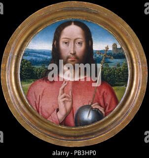 Salvator Mundi. Artist: Workshop von Hans Memling (Niederländischen, Seligenstadt, aktiv von 1465 - gestorben 1494 Brügge). Maße: Gesamt, mit integrierter Rahmen, Durchmesser 10 cm. (27,3 cm); Oberfläche lackiert 8-in. (20,3 cm). Datum: 1475-99. Christus ist als Erlöser der Welt (Salvator Mundi), eine beliebte Bild im fünfzehnten Jahrhundert Malerei gezeigt. Vorn - konfrontiert, hält er ein Kreuz mit Kugel und hebt seine rechte Hand in Segen, die Zusammenführung der Themen des Heiligen Antlitz (Christi Features wie durch ein Wunder auf einem Tuch bedruckt) und Christus in Majestät. Die kleine, kreisrunde Format gemacht dieses Bild für h Stockfoto