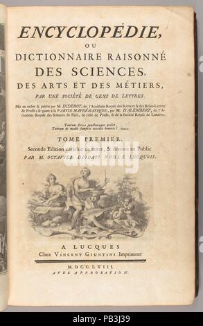 Encyclopédie, ou Wörterbuch raisonné des Sciences, des Arts et des métiers, par une société de gens de lettres. Autor: Denis Diderot (Französisch, 1713-1784); Jean Le Rond d'Alembert (Französisch, 1717-1783); Ottaviano Diodati (Italienisch, 1716-1786). Abmessungen: 17 Bände, Illustrationen, Höhe: 16 9/16 in. (42 cm). Herausgeber: Vincenzo Giuntini. Datum: 1758-1771. Museum: Metropolitan Museum of Art, New York, USA. Stockfoto