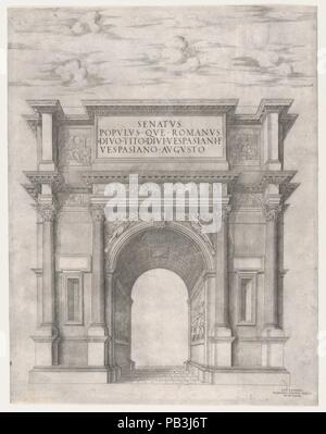 Speculum romanae Magnificentiae: Bogen des Titus. Artist: Anonym. Maße: Blatt: 18 7/8 x 14 5/8 in. (48 x 37,2 cm). Herausgeber: Antonio Lafreri (Französisch, Orgelet, Nord-Pas de Calais Ca. 1512-1577 Rom). Serie/Portfolio: Speculum romanae Magnificentiae. Datum: 1558. Dieser Ausdruck stammt aus der Kopie für das Museum von Speculum romanae Magnificentiae (Der Spiegel der Römischen Pracht) Das Speculum seinen Ursprung im Verlags- Bemühungen von Antonio Salamanca und Antonio Lafreri gefunden. Während der Römischen publishing Karrieren, die zwei ausländische Verlage -, die zwischen 1553 und 1563 gearbeitet - Starten Stockfoto