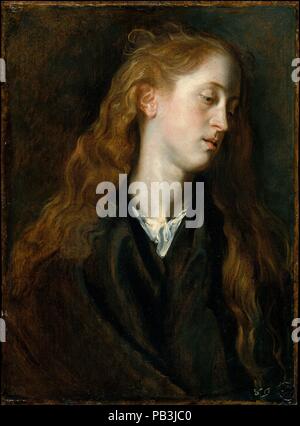 Studie Kopf einer jungen Frau. Artist: Anthony Van Dyck (Flandern, Antwerpen 1599-1641 London). Abmessungen: 22 1/4 x 16 3/8 in. (56,5 x 41,6 cm). Datum: Ca. 1618-20. Studie Köpfe dieser Art wurden von Van Dyck mit live Modelle, deren Funktionen dann in der fertigen Bilder wiederholt wurden, in der Regel von religiösen Themen gemalt. Gerade die jetzige Abbildung diente als Prototyp für ein Abbild der Jungfrau in einer Darstellung der Heiligen Familie. Die Ikonographie der Melancholie junge Frau mit langem Haar über die Schultern passt auch Bilder von Maria Magdalena; faszinierend, einem frühen Biographen erzählt uns Stockfoto