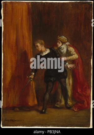 Hamlet und seiner Mutter. Künstler: Eugène Delacroix (Französisch, Charenton-Saint-Maurice 1798-1863 Paris). Abmessungen: 10 3/4 x 7 1/8 in. (27,3 x 18,1 cm). Datum: 1849. Dieses Bild zeigt den Moment in Shakespeares epischen Tragödie <i> Weiler</i>, in der die Protagonisten, die privat gesprochen hat mit seiner Mutter, der Königin Gertrude von Dänemark, bemerkt eine Figur hinter den Vorhängen von ihrem Schrank. Unmittelbar danach, Hamlet wird aufspießen Die versteckten Polonius mit seinem Schwert, und bringen den einprägsamen Satz "Wie jetzt! Eine Ratte? Ducat tot, tot!' Die Zusammensetzung ist identisch mit einer schwarzen und weißen lithogr Stockfoto