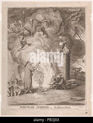 Shakespeare - geopfert; oder, das Angebot zu Geiz. Künstler: James Gillray (Briten, Chelsea London, 1756-1815). Abmessungen: Bild: 18 5/8 x 14 15/16 in. (47,3 x 37,9 cm) Platte: 19 13/16 x 15 1/4 in. (50,3 x 38,8 cm) Blatt: 21 15/16 x 17 3/8 in. (55,7 x 44,1 cm). Herausgeber: James Aitken (British, 1788-1801) aktiv. Betrifft: William Shakespeare (Britisch, Stratford-upon-Avon 1564-1616 Stratford-upon-Avon). Datum: Juni 20, 1789. Zwischen 1789 und 1805, der Verleger John boydell lief das Shakespeare Galerie, einem beliebten Londoner Ausstellung Raum durch Drucken Abonnements finanziert. Wenn Boydell t fehlgeschlagen Stockfoto