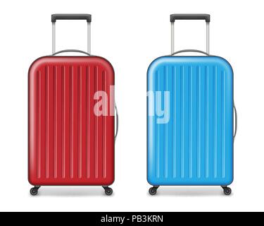 Realistische Rot und Blau große Reisen Kunststoffkoffer. Polycarbonat Koffer mit Rädern isoliert auf Weiss. Reisende Gepäck Tasche Design Konzept. Vector Illustration Stock Vektor