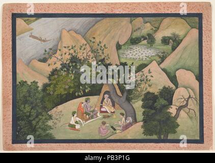 Rama, Sita, und lakshmana an der Einsiedelei des Bharadvaja: Folio aus dem Ramayana Serie. Artist: Erste Generation nach nainsukh. Kultur: Indien (Kangra, Himachal Pradesh). Abmessungen: Seite: 9 15/16 x 14 1/16-in. (25,2 x 35,7 cm) Bild: 8 1/8 x 12 1/8 in. (20,6 x 30,8 cm). Datum: Ca. 1780. Der Salbei Bharadvaja, in seiner Wüste Wald Tierheim sitzt, gibt Ratschläge zu Rama, Sita, und Lakshmana. Er sie erzählt von einer günstigen Rückzug von großen Rishis, die zugleich heilig und schön, wo sie für die Dauer ihrer vierzehn Wohne-jähriges Exil besucht. Es ist in der chitrakuta entfernt Stockfoto