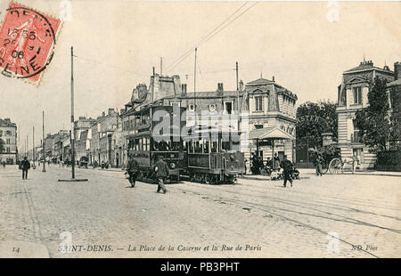 . Français: Carte postale Ancienne éditée par ND, n° 14: SAINT-DENIS - La Place de La Caserne et la Rue de La NOTA: cet endroit se trouve depuis juillet 2013 le Terminus de la ligne T5 du Straßenbahn d'Île-de-France. Vor 1906 1085 ND 14-STD - La Place de La Caserne et la Rue de Paris Stockfoto