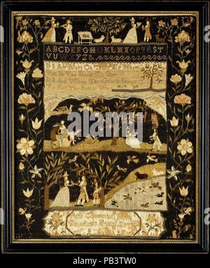 Bestickte Sampler. Kultur: American. Abmessungen: 19 1/2 x 16 5/8 in. (49,5 x 42,2 cm). Schöpfer: Patty Coggeshall (1780-1797). Datum: Ca. 1792. Martha Coggeshall (Spitzname: Patty) war das dritte von fünf Töchtern, William (1719-1796) und Margaret Munro (1744-1809) Coggeshall von Bristol geboren. Beide Patty und ihre Schwester Polly werden gedacht, eine Schule von Anne Bowman Usher (1723-1793), die Existenz von etwa 1774 bis 1793 ausgeführt wurde besucht haben. In hohem Grade respektiert, die Schule Tag Studenten aus wohlhabenden Bristol Familien, sowie Kinder der reichsten Vorsehung Familien, die angezogen Stockfoto