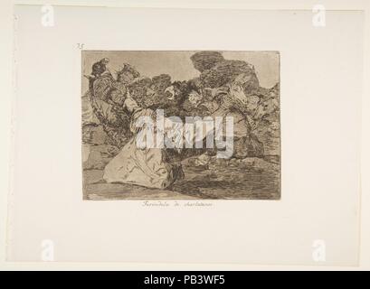 Platte 75 aus "Die Katastrophen des Krieges" (Los Desastres de la Guerra): "Der scharlatan zeigen." (Farándula de charlatanes.). Artist: Goya (Francisco de Goya y Lucientes) (Spanisch, Fuendetodos 1746-1828 Bordeaux). Abmessungen: Platte: 6 3/4 x 8 11/16 in. (17,2 × 22 cm) Blatt: 9 15/16 × 13 9/16 in. (25,2 × 34,4 cm). Serie/Portfolio: Die Katastrophen des Krieges. Datum: 1814-15 (veröffentlicht 1863). Artwork auch als: DESASTRES DE LA GUERRA (1810-1815) - DESASTRE Nº 75 - FARANDULA DE CHARLATANES bekannt. Museum: Metropolitan Museum of Art, New York, USA. Stockfoto