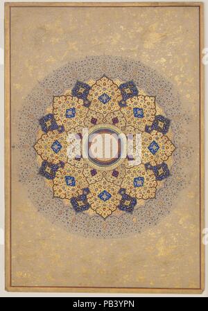 "Rosette mit den Namen und Titel von Shah Jahan", Folio aus dem Shah Jahan Album. Abmessungen: H.15 3/16 in. (38,6 cm) W. 10 7/16 in. (26,5 cm). Datum: recto: Ca. 1645; Verso: Ca. 1630-40. Eine shamsa (buchstäblich, Sun) traditionell eröffnete Imperial Mughal Alben. Die in hellen Farben und mehrere Töne von Gold gearbeitet, liebevoll gestalteten und bemalten Arabesken sind von den fantastischen Blumen, Vögel und Tiere. Die Inschrift in der Mitte in die 'tughra" (handsign) Stil lautet: "Seine Majestät Shihabuddin Muhammad Shahjahan, der König, Krieger des Glaubens, kann Gott sein Königreich verewigen Stockfoto