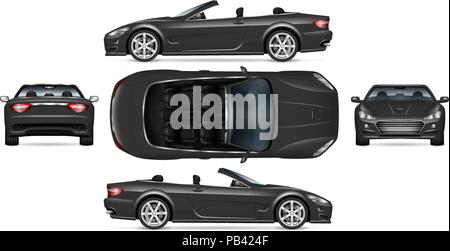 Schwarze Cabrio vector Mockup auf Weiß für Fahrzeug Branding, Corporate Identity. Ansicht von der Seite, vorne, hinten, oben. Einfach zu bearbeiten und neu einfärben. Stock Vektor