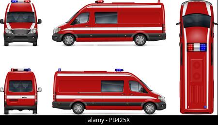 Fire Engine Vektor mockup auf weißem Hintergrund. Isolierte Vorlage der Roten van für Fahrzeug Branding, Corporate Identity. Einfach zu bearbeiten und neu einfärben. Stock Vektor