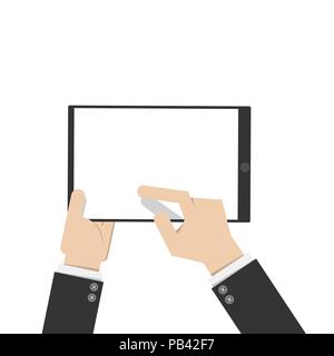 Kaufmanns Tablet und zeigte mit dem Finger auf dem leeren weißen Bildschirm. Tablet und Internet Technologie Konzept. Vector Illustration flache Bauweise Stock Vektor