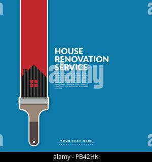 Farbroller Farbe rot Farbe über Haus Logo auf blauem Hintergrund isoliert. creative Home Renovierung service und Malerei Konzept, Logo Design vorlage Stock Vektor