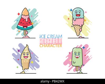 Set kreativer cute Cartoon von Eis und Bar im Unterschied Geschmack auf weißem Hintergrund mit Gefühl glücklich mit Eis Eis schmelzen. Stock Vektor